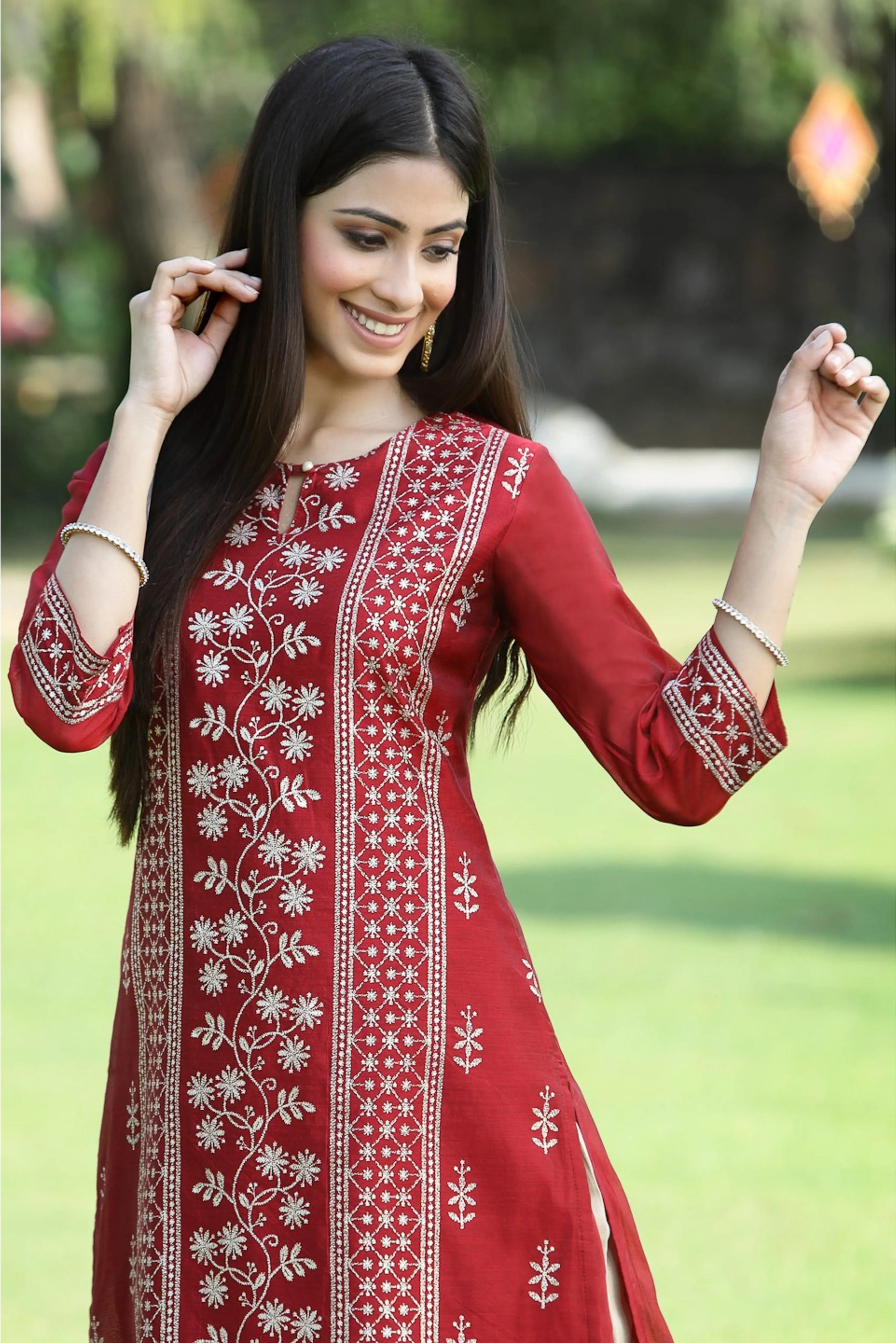 Juniper Maroon Ethnic Motif Printed Modal Chanderi Kurta With Buttons.