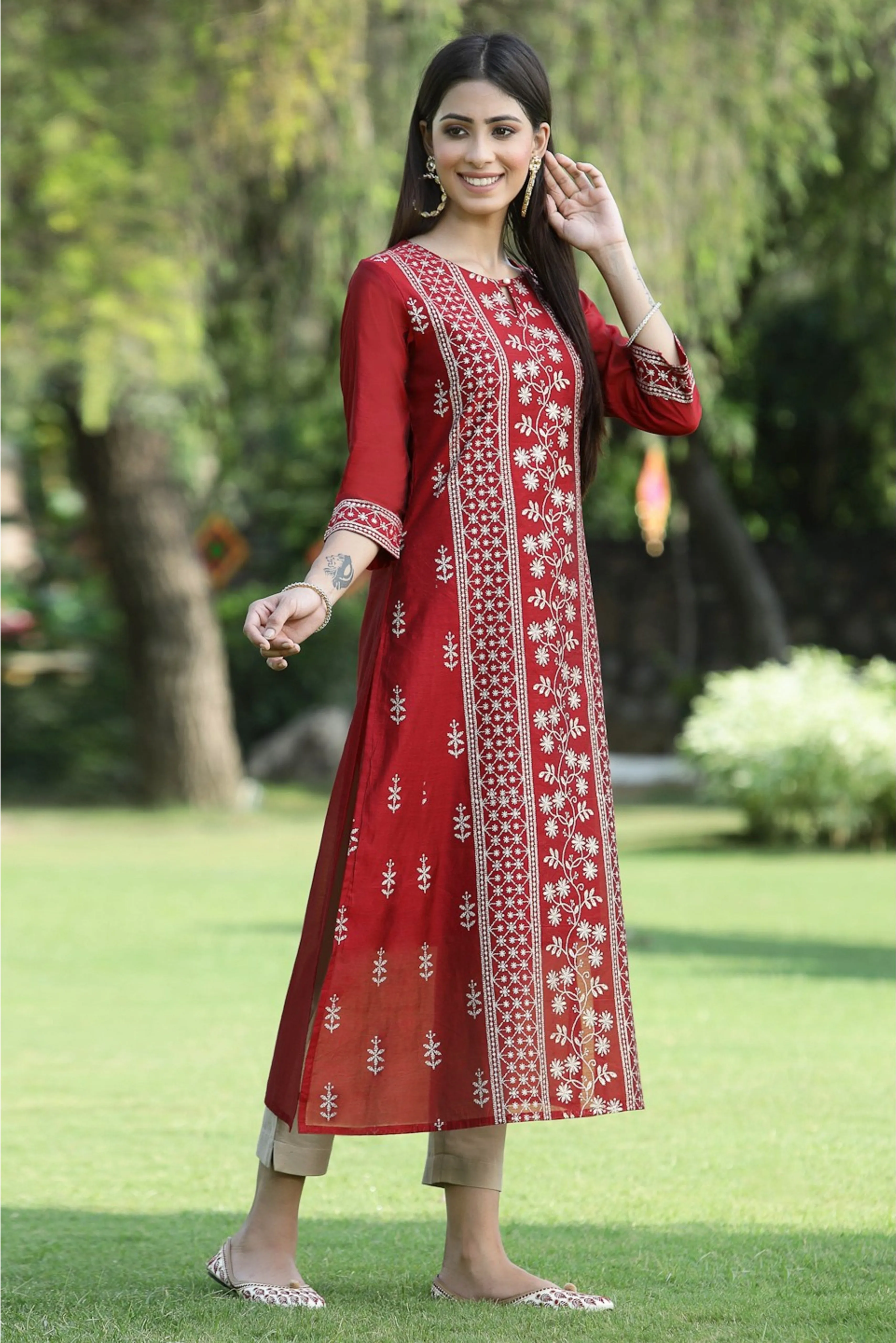 Juniper Maroon Ethnic Motif Printed Modal Chanderi Kurta With Buttons.