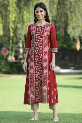 Juniper Maroon Ethnic Motif Printed Modal Chanderi Kurta With Buttons.