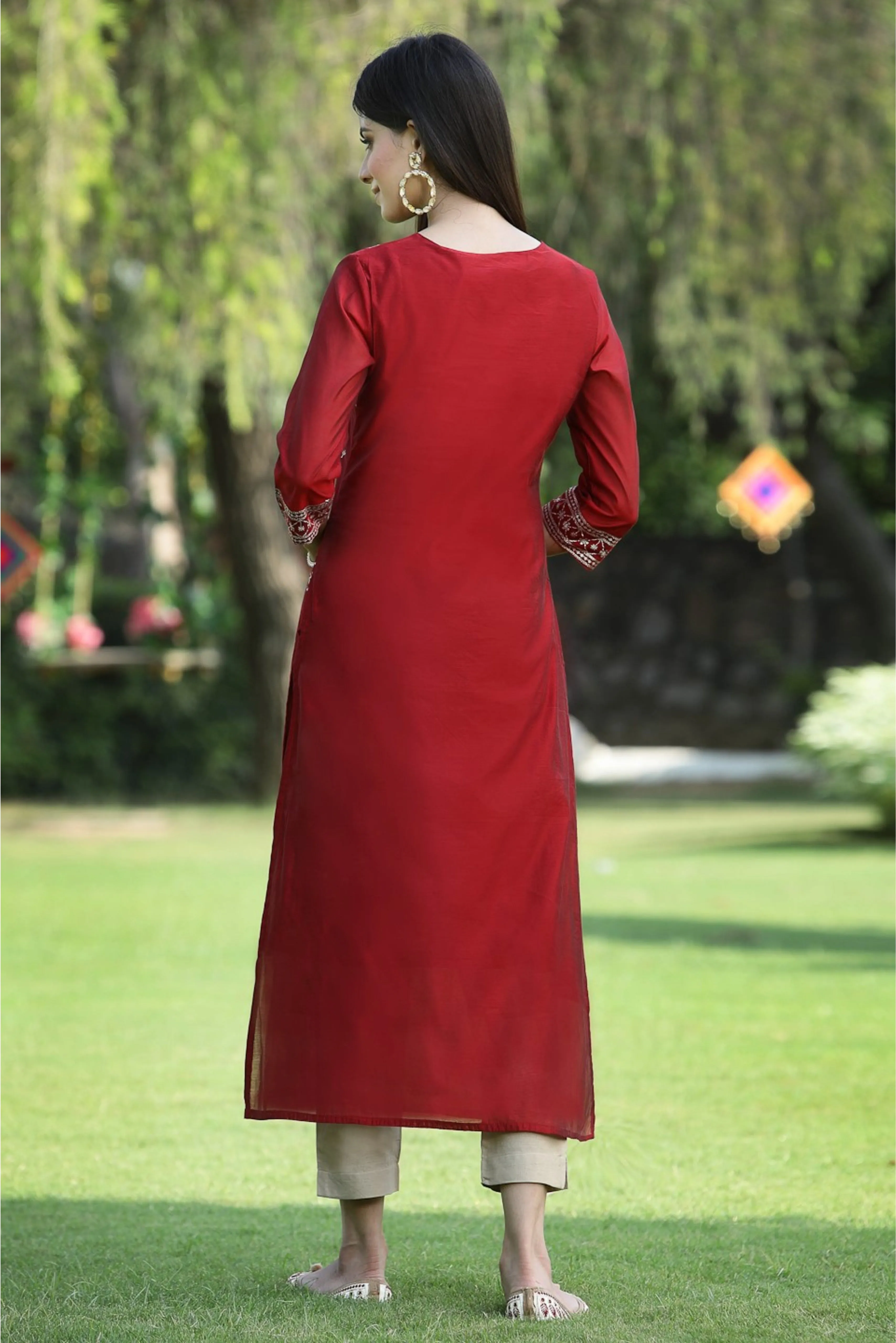 Juniper Maroon Ethnic Motif Printed Modal Chanderi Kurta With Buttons.