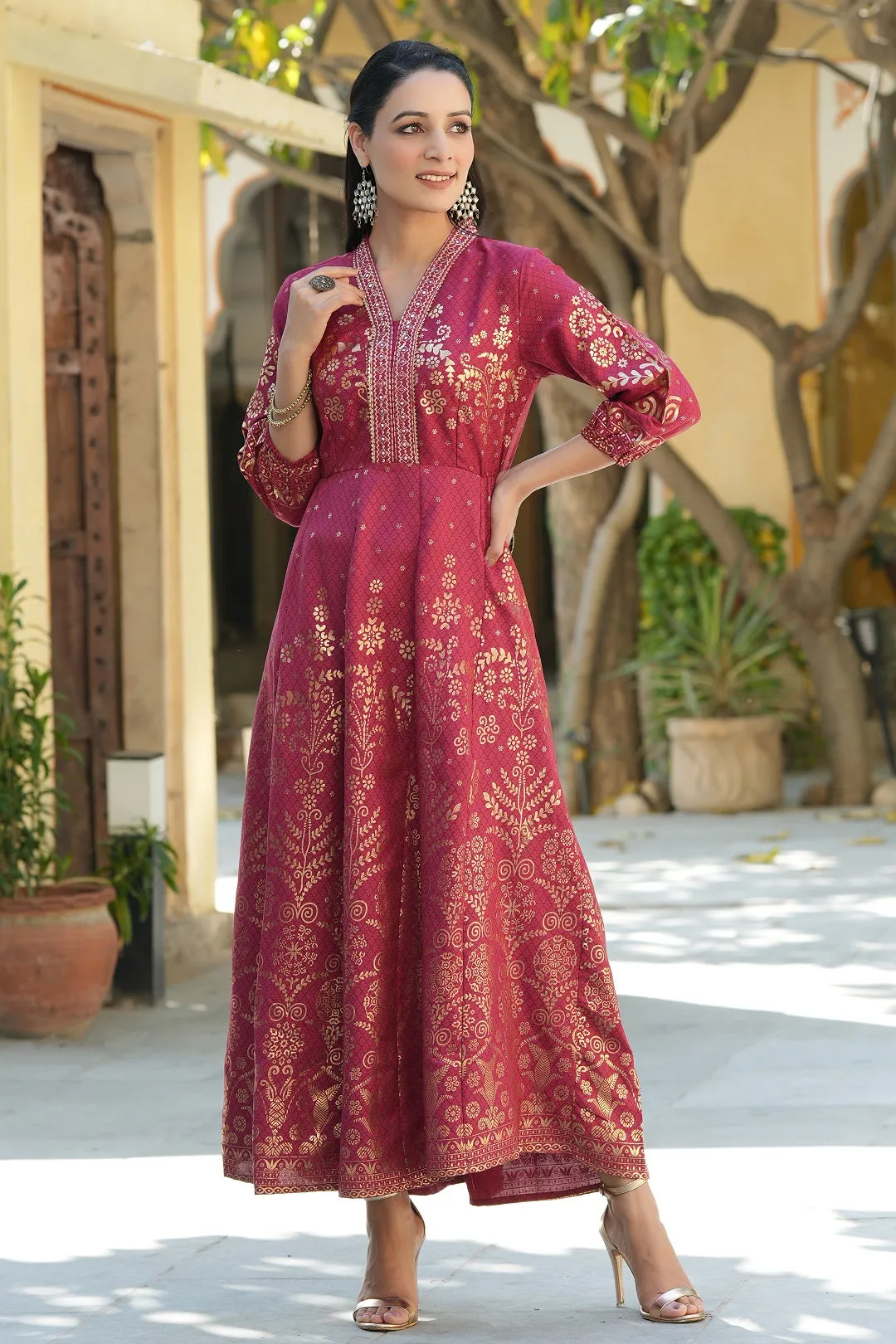 Juniper Maroon Ethnic Motif Printed Rayon Anarkali Dress.