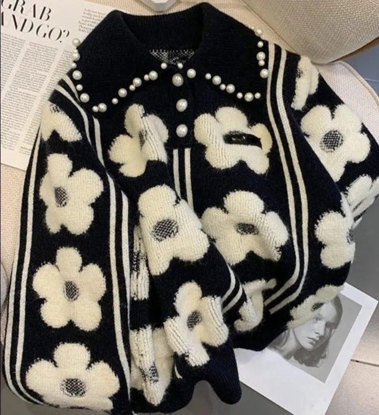 Knitted Sweater With Pearls And Flower Pattern