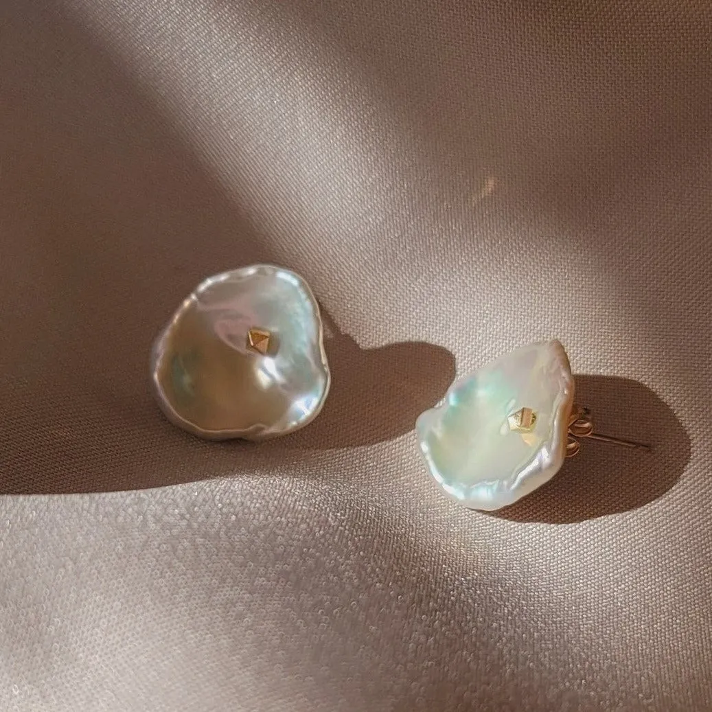 Large Keshi Pearl Petal Stud Earrings with 14k Solid Gold - ONE OF A KIND