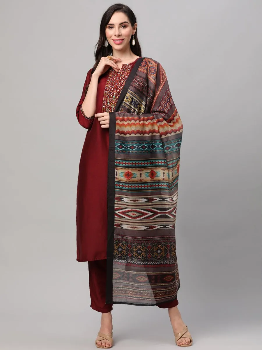 Maroon Embroidered Kurta Trouser Dupatta