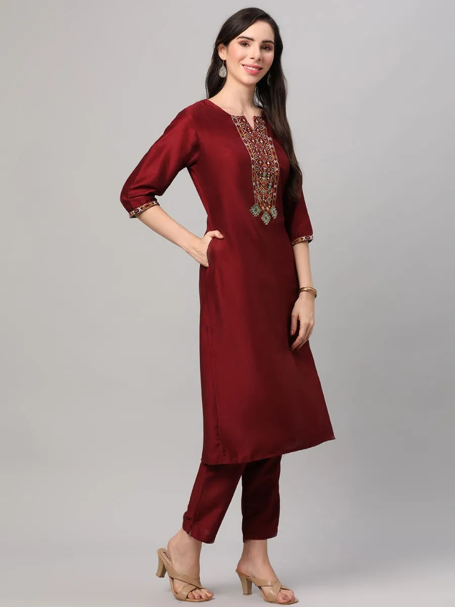 Maroon Embroidered Kurta Trouser Dupatta