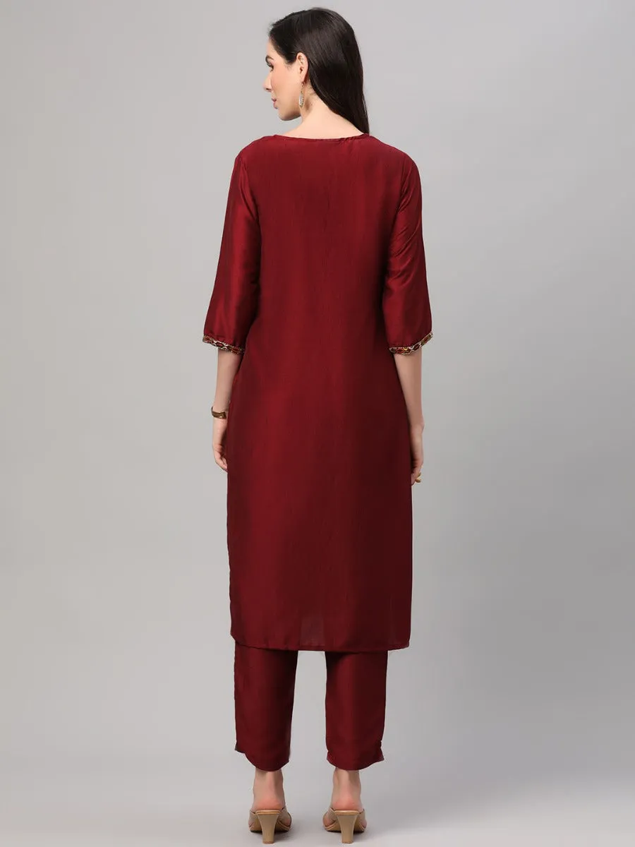 Maroon Embroidered Kurta Trouser Dupatta