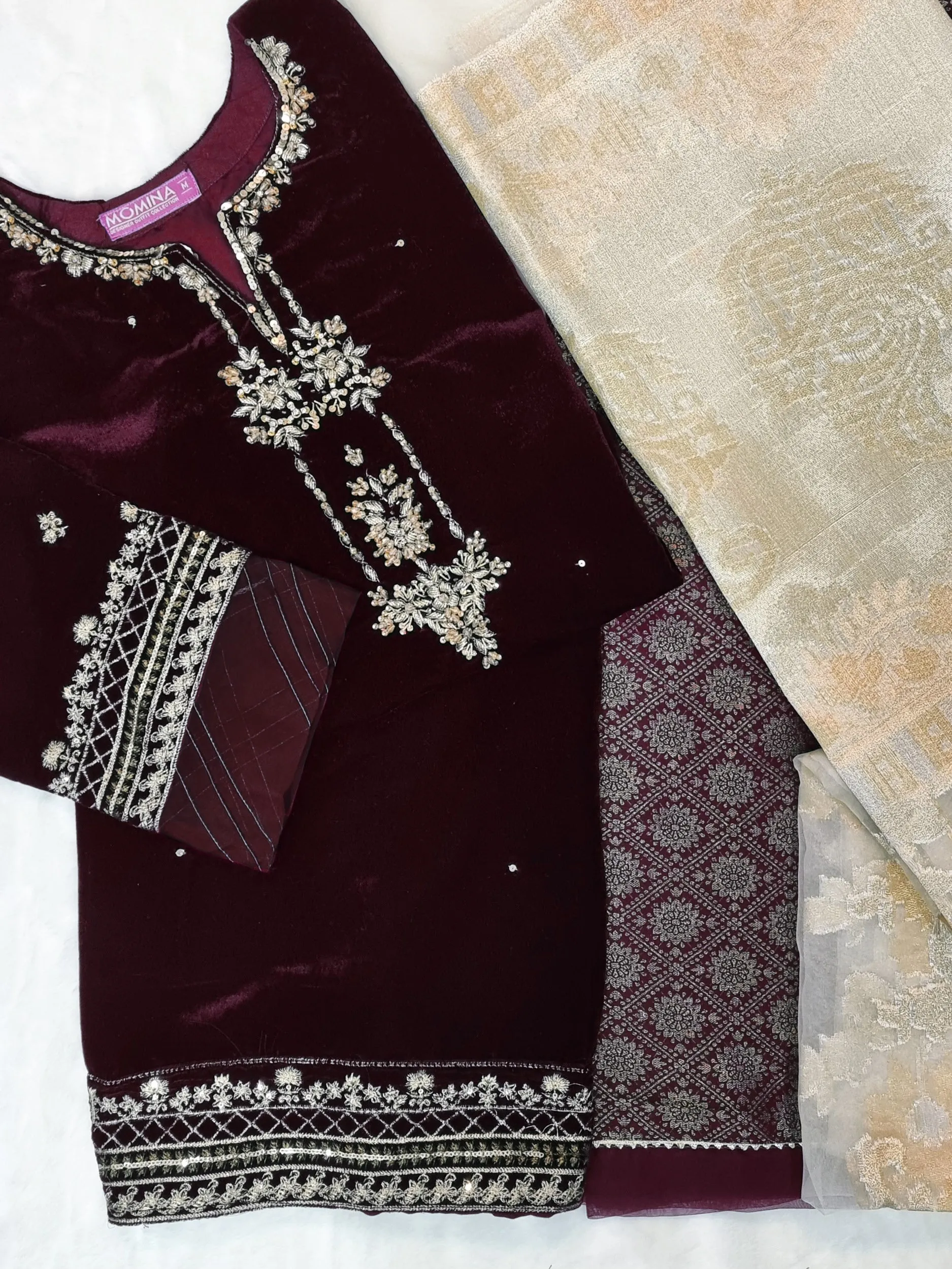 Maroon Embroidered Velvet 3-Piece Suit