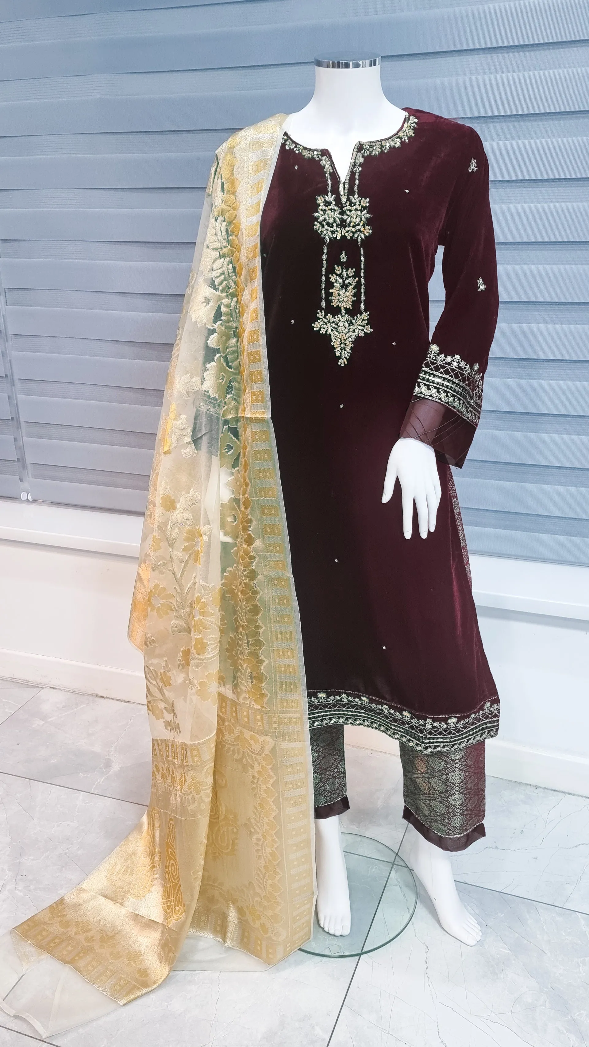 Maroon Embroidered Velvet 3-Piece Suit