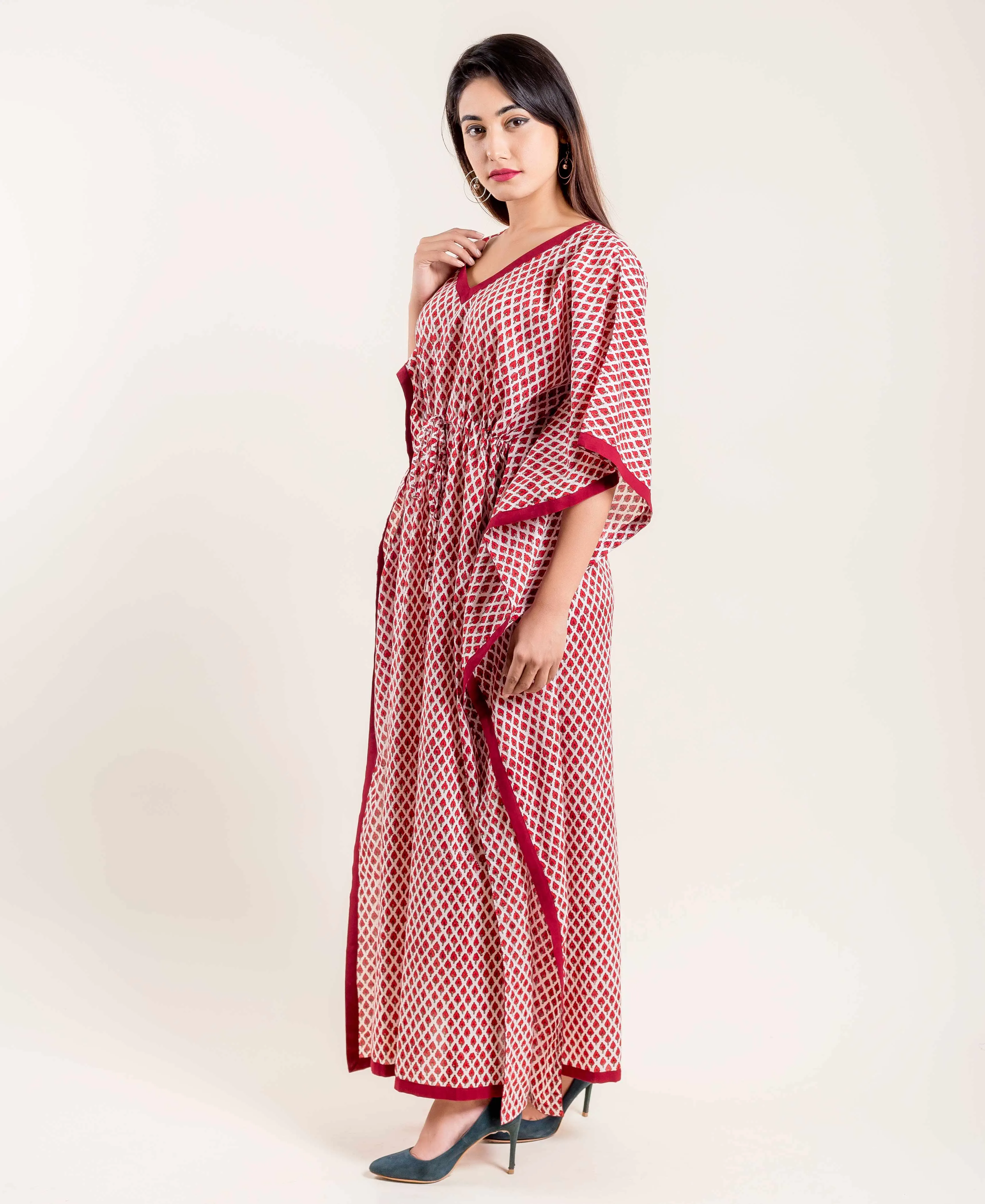 Maroon Floral Hand Block Printed Tie-Up Kaftan