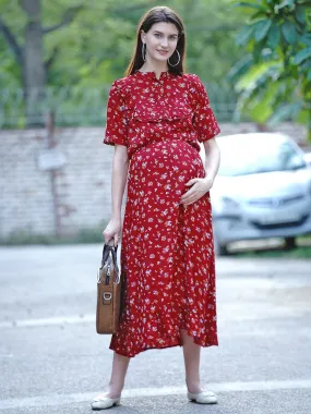 Maroon Floral Print Maternity and Nursing Midi Dress