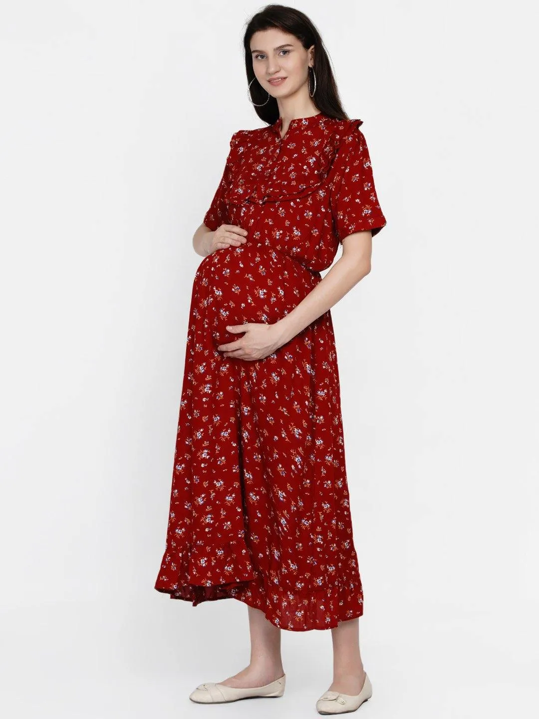 Maroon Floral Print Maternity and Nursing Midi Dress