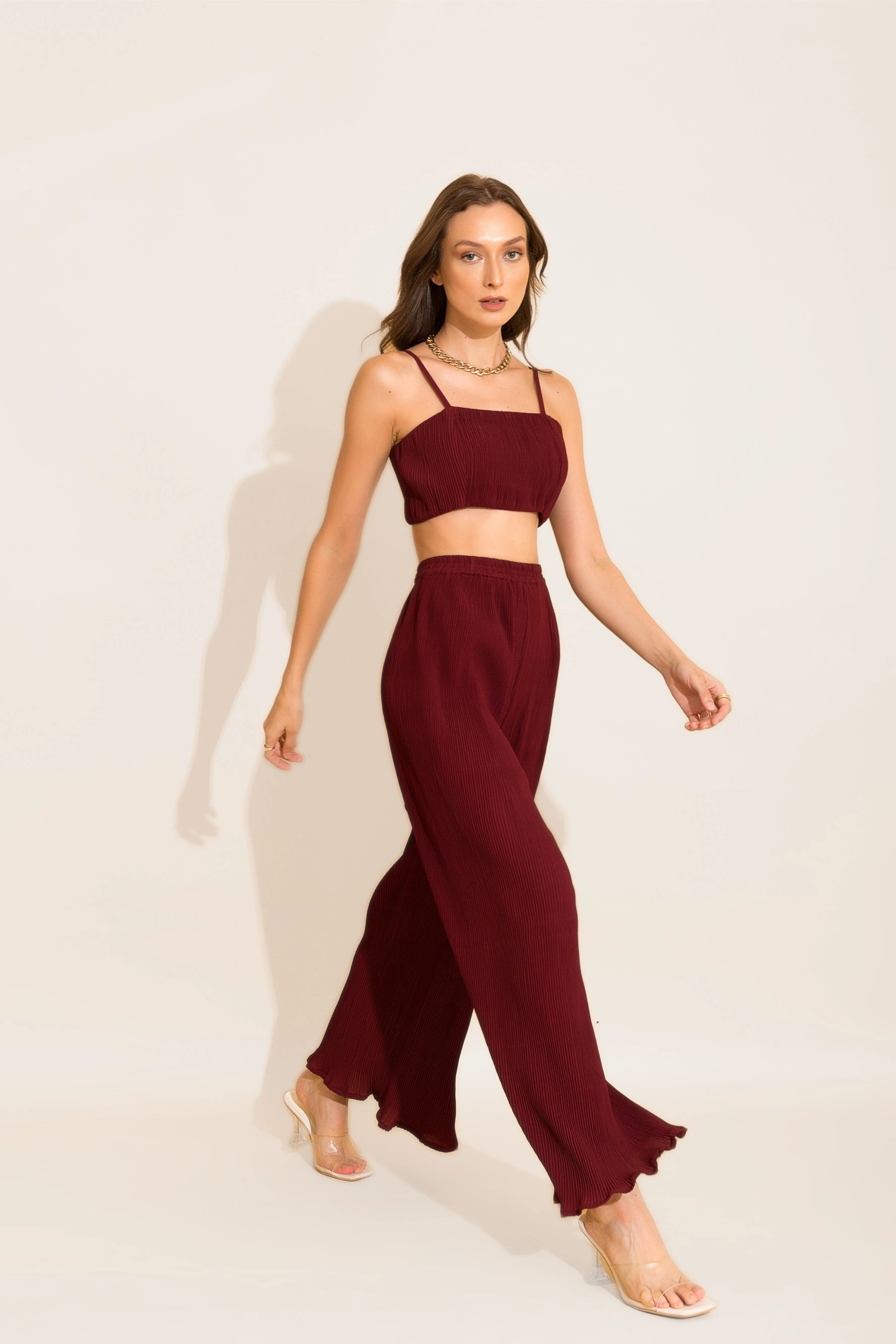 Maroon Micro Pleated Multi Purpose Crop Top