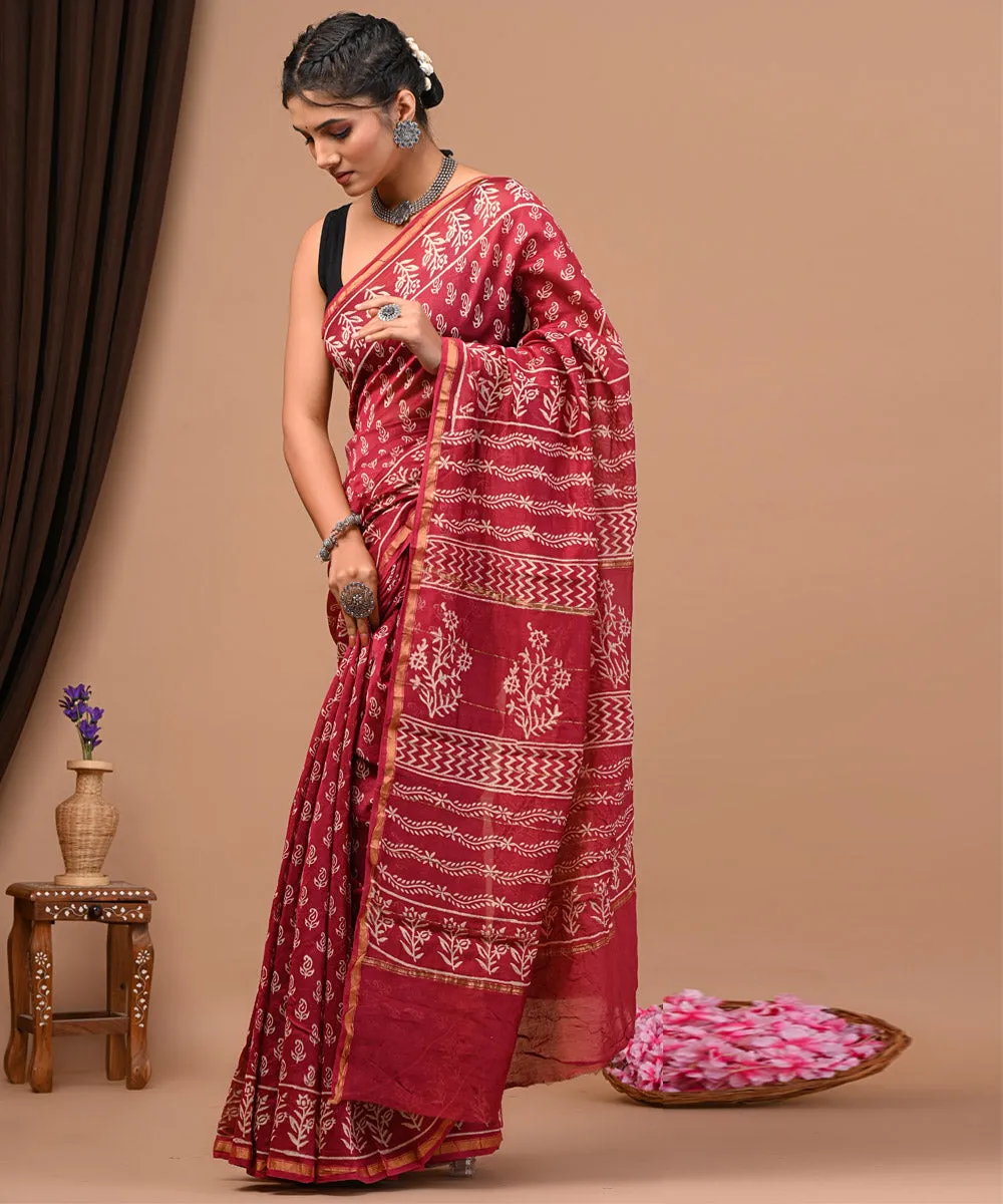 Maroon offwhite cotton silk hand block printed sanganeri saree