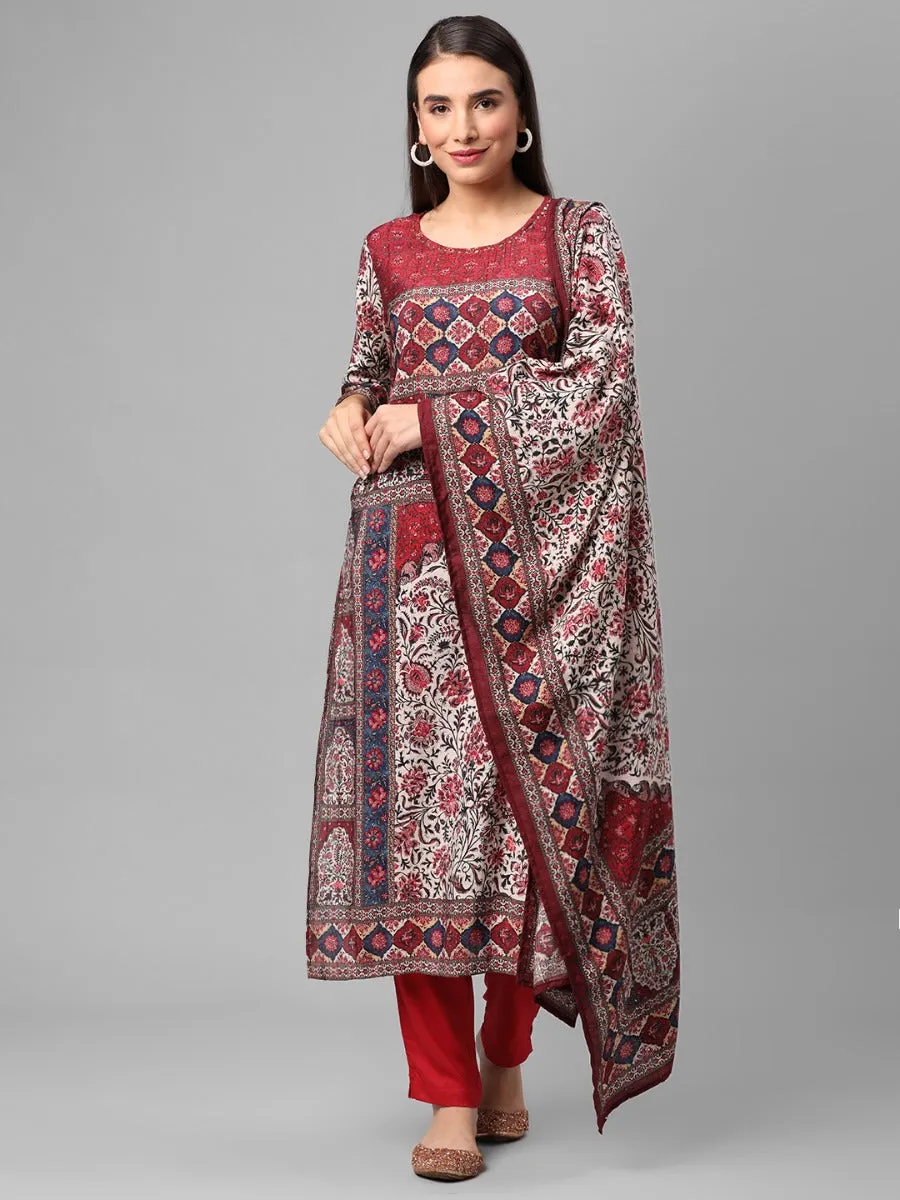 Maroon Ornamental Printed Kurta Pant Dupatta