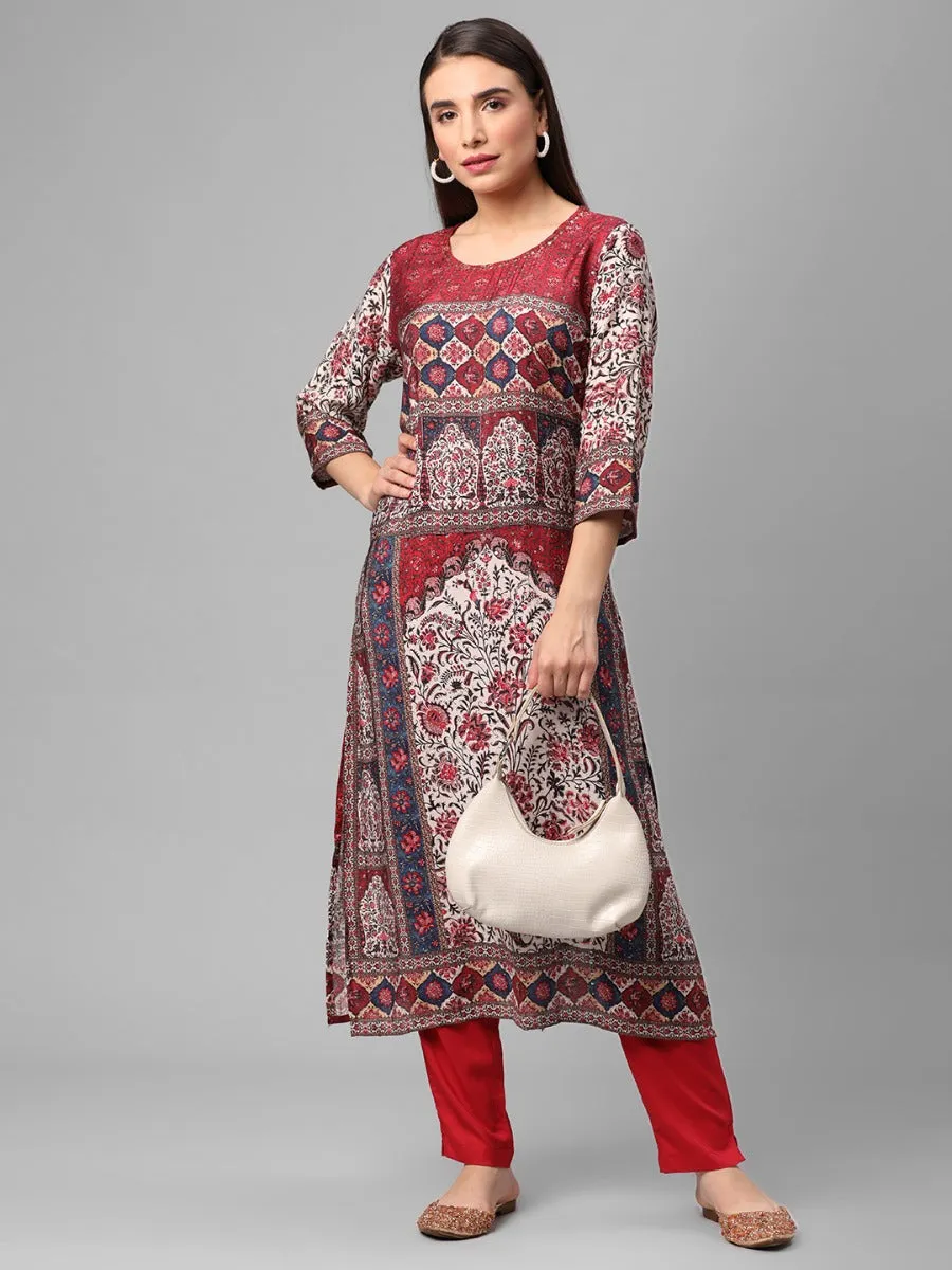 Maroon Ornamental Printed Kurta Pant Dupatta