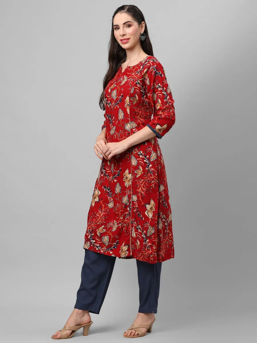 Maroon Round Neck Kurta With Trouser