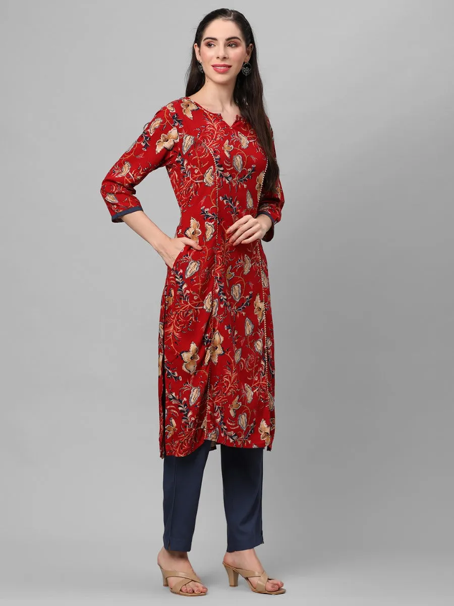 Maroon Round Neck Kurta With Trouser