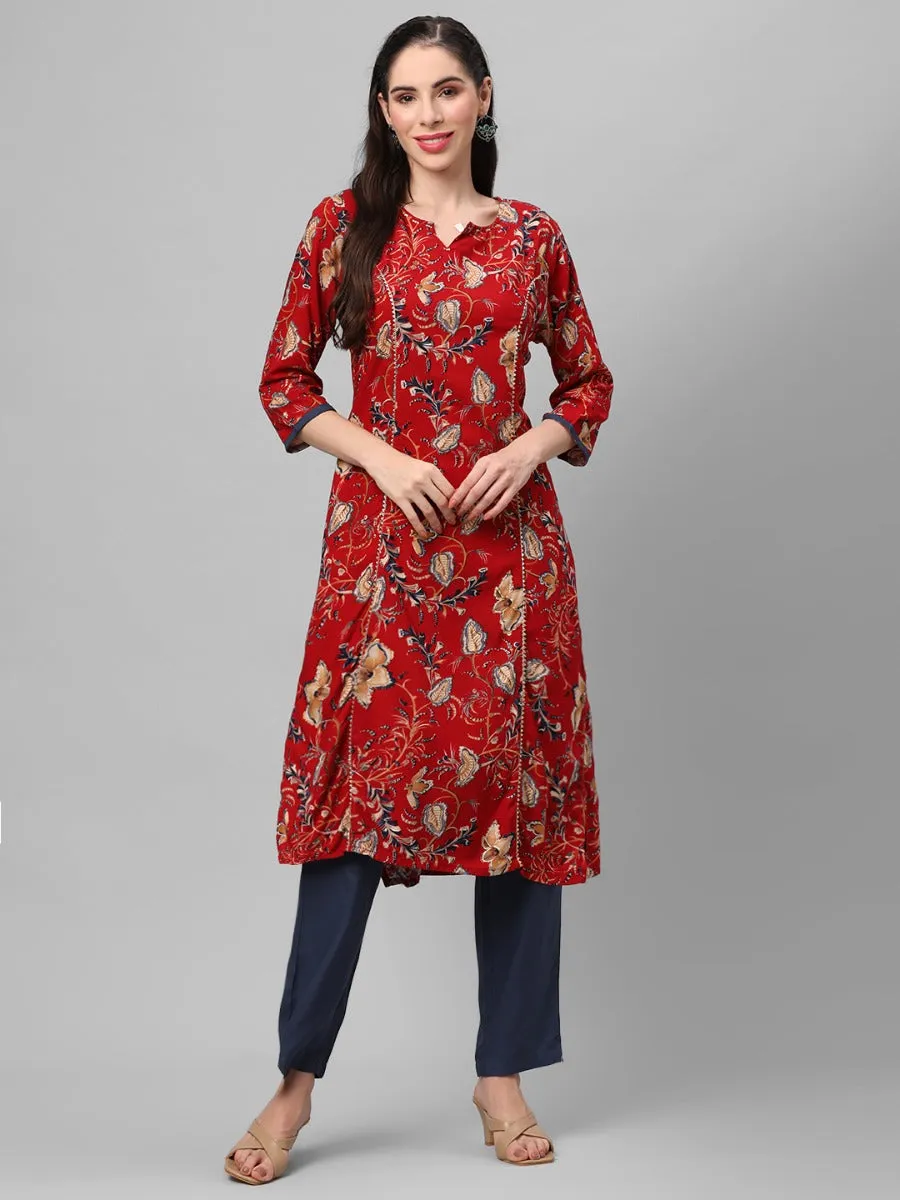 Maroon Round Neck Kurta With Trouser