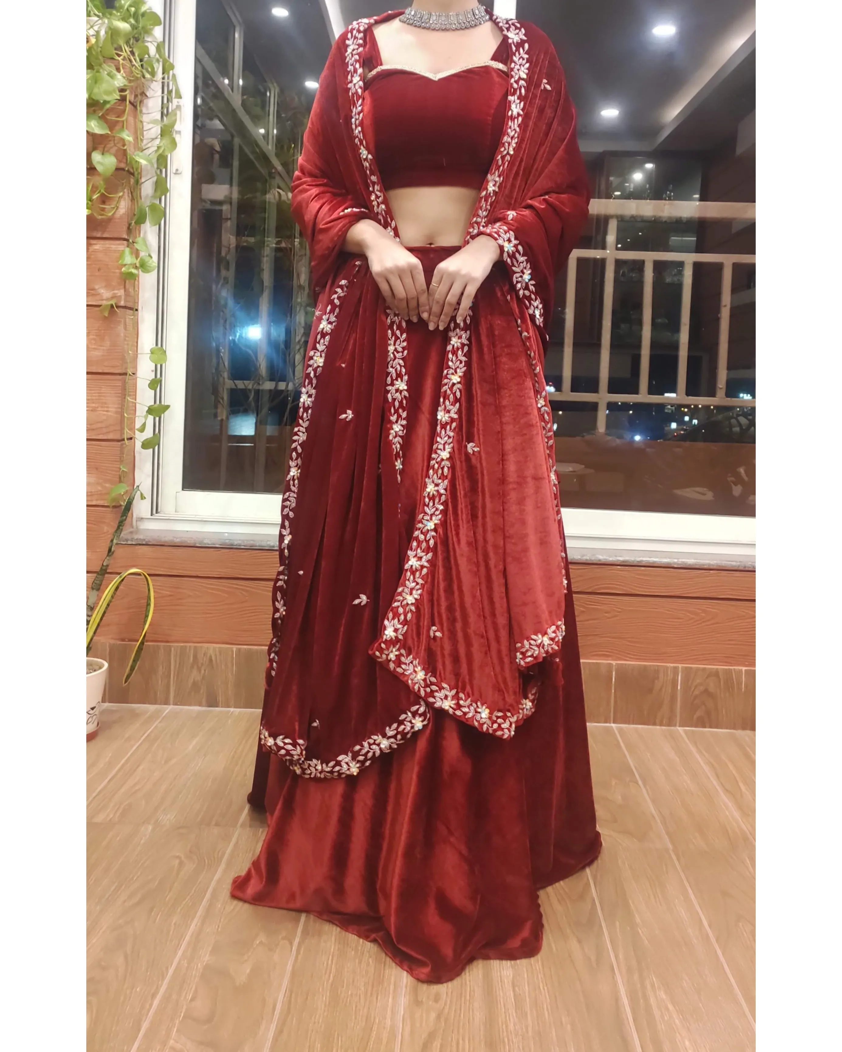 Maroon Velvet Chandani Dupatta