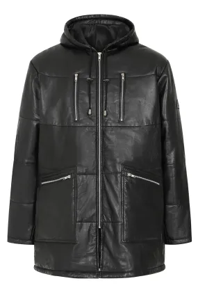 Men's Genuine Black Leather ¾ Length Coat with Hood - 'MASSEY'