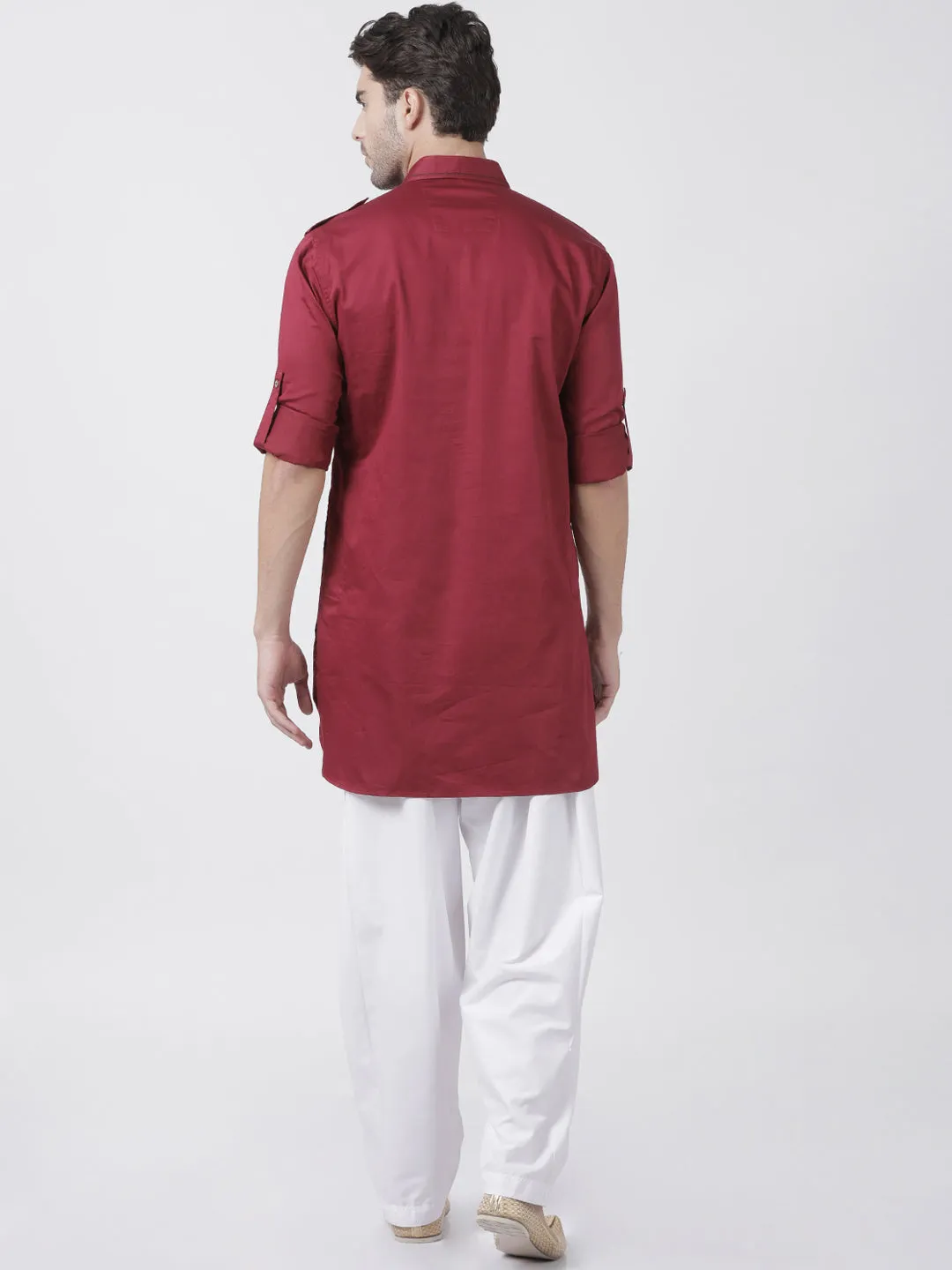 Men's Maroon Cotton Blend Pathani Suit Set