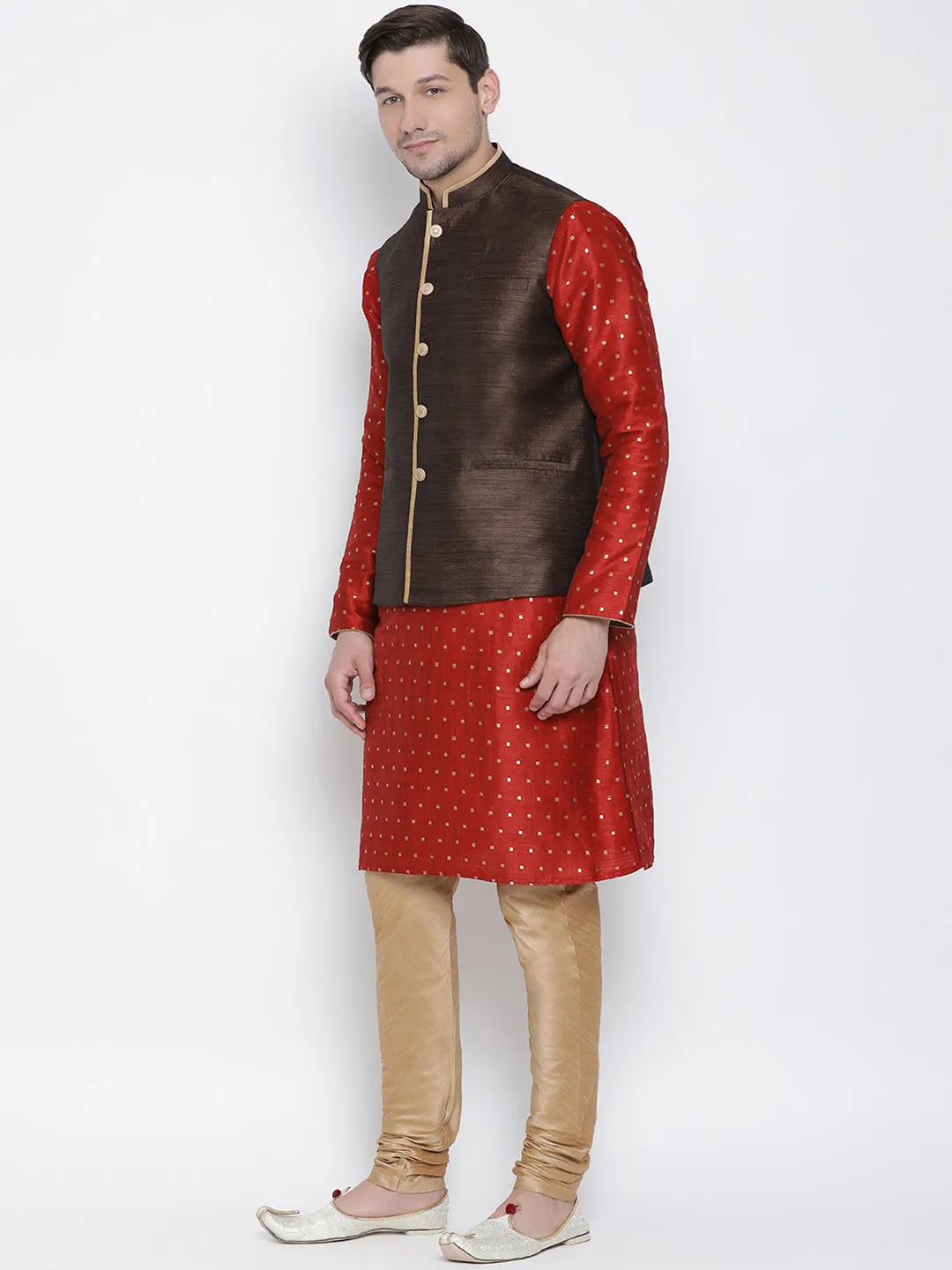 Men's Maroon Cotton Silk Blend Kurta, Ethnic Jacket and Pyjama Set