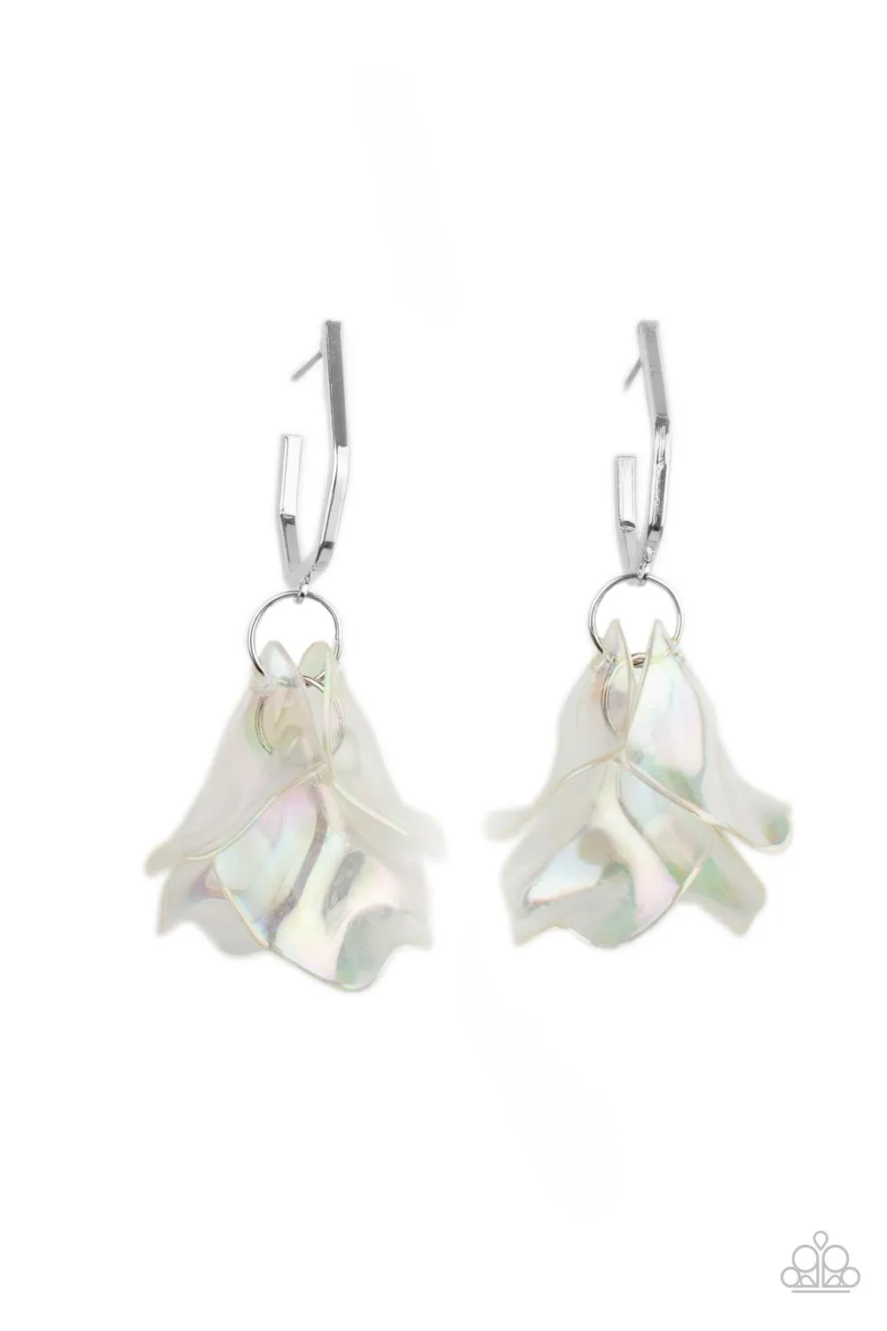 Paparazzi Earring Jaw-Droppingly Jelly Silver Iridescent Acrylic Petal Hoop Earring