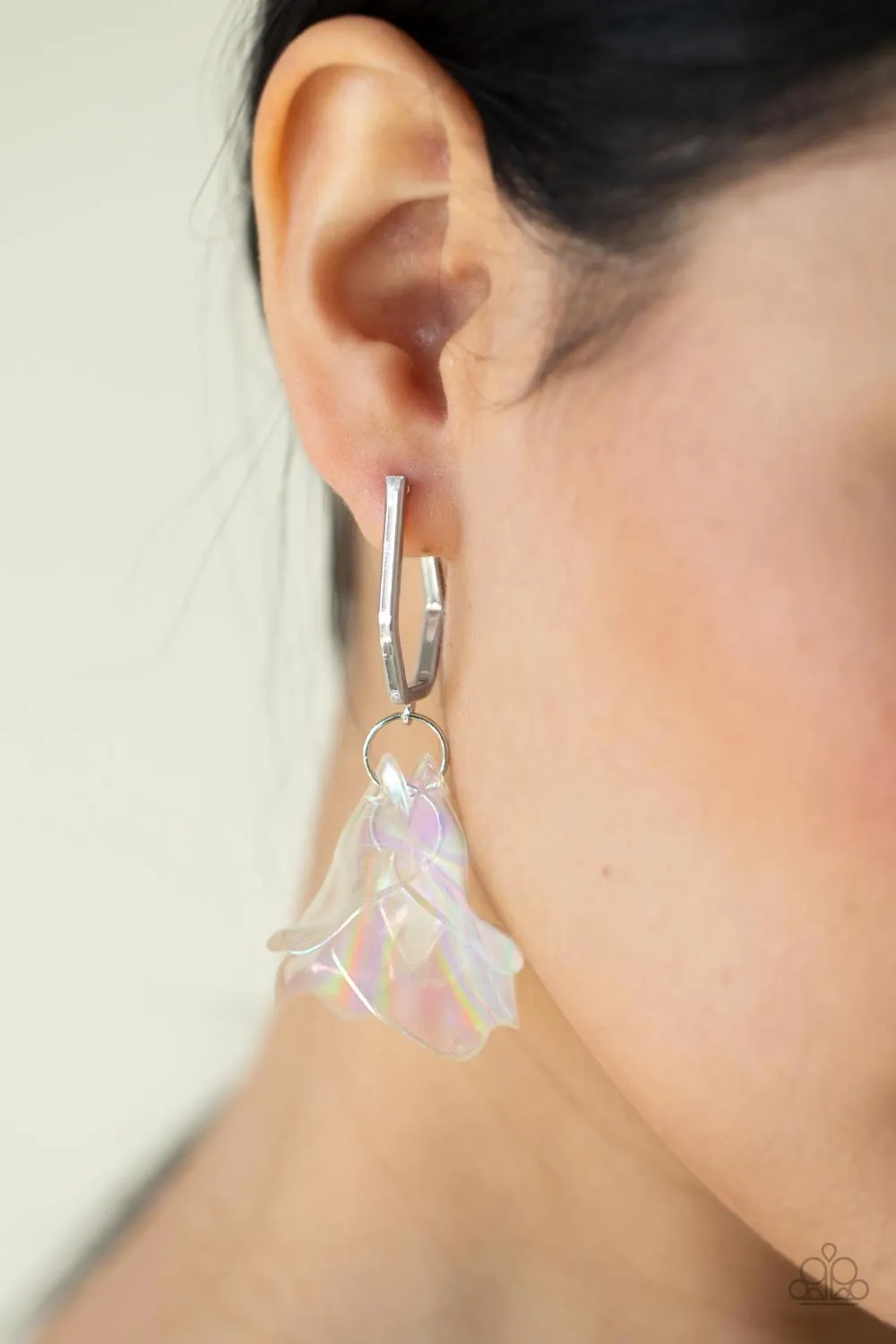 Paparazzi Earring Jaw-Droppingly Jelly Silver Iridescent Acrylic Petal Hoop Earring