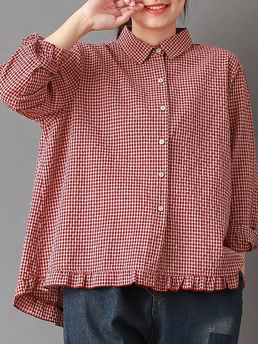 Plus Size Women Plaid Hand-Made Linen Cotton Loose Shirt