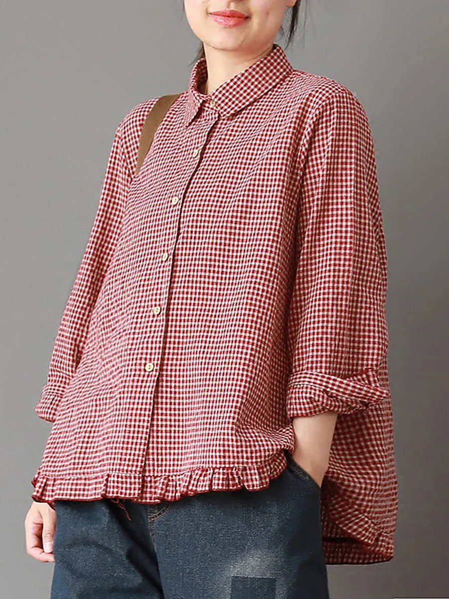 Plus Size Women Plaid Hand-Made Linen Cotton Loose Shirt