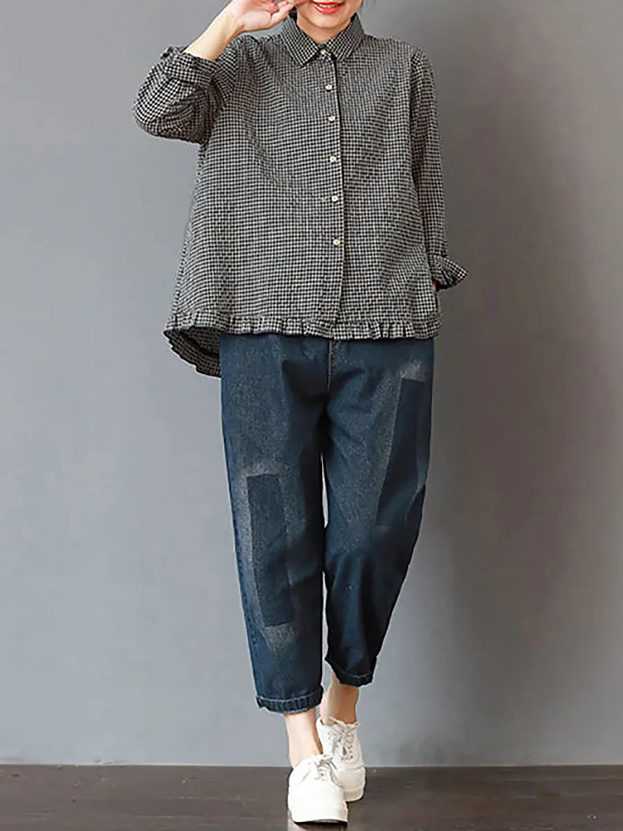 Plus Size Women Plaid Hand-Made Linen Cotton Loose Shirt