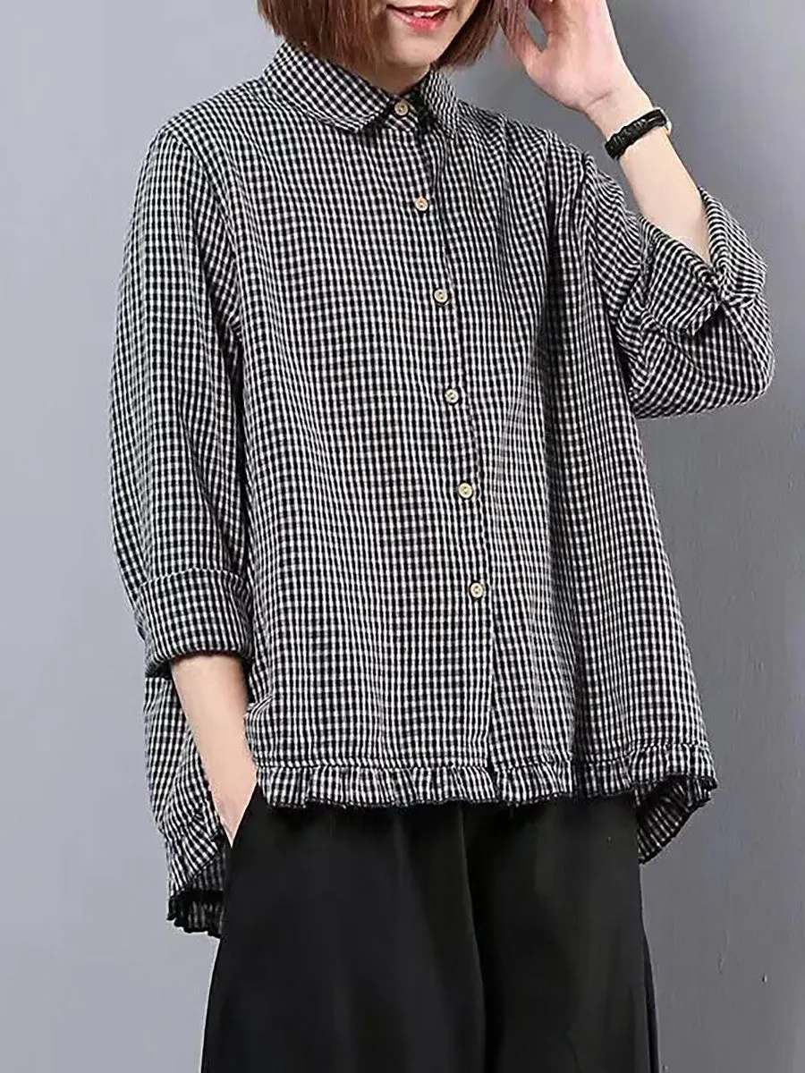 Plus Size Women Plaid Hand-Made Linen Cotton Loose Shirt