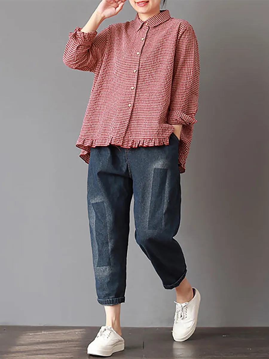 Plus Size Women Plaid Hand-Made Linen Cotton Loose Shirt