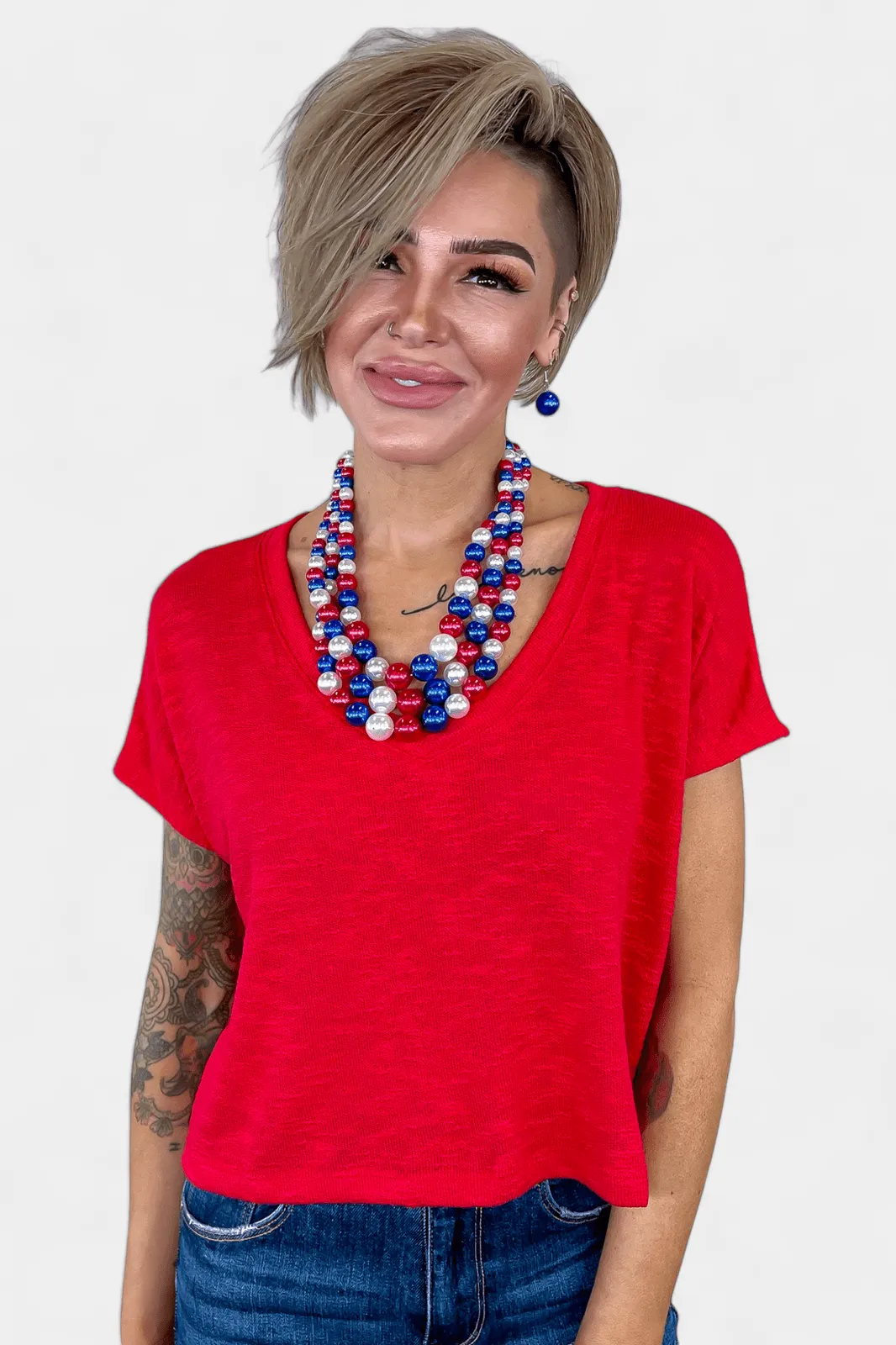 Red V Neck Short Sleeve Crop Top