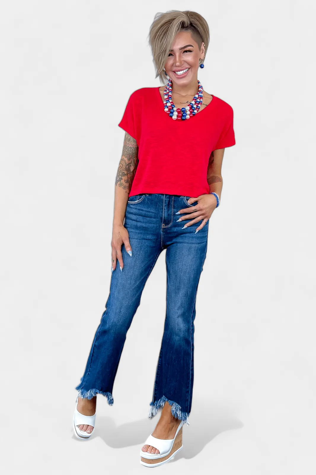 Red V Neck Short Sleeve Crop Top