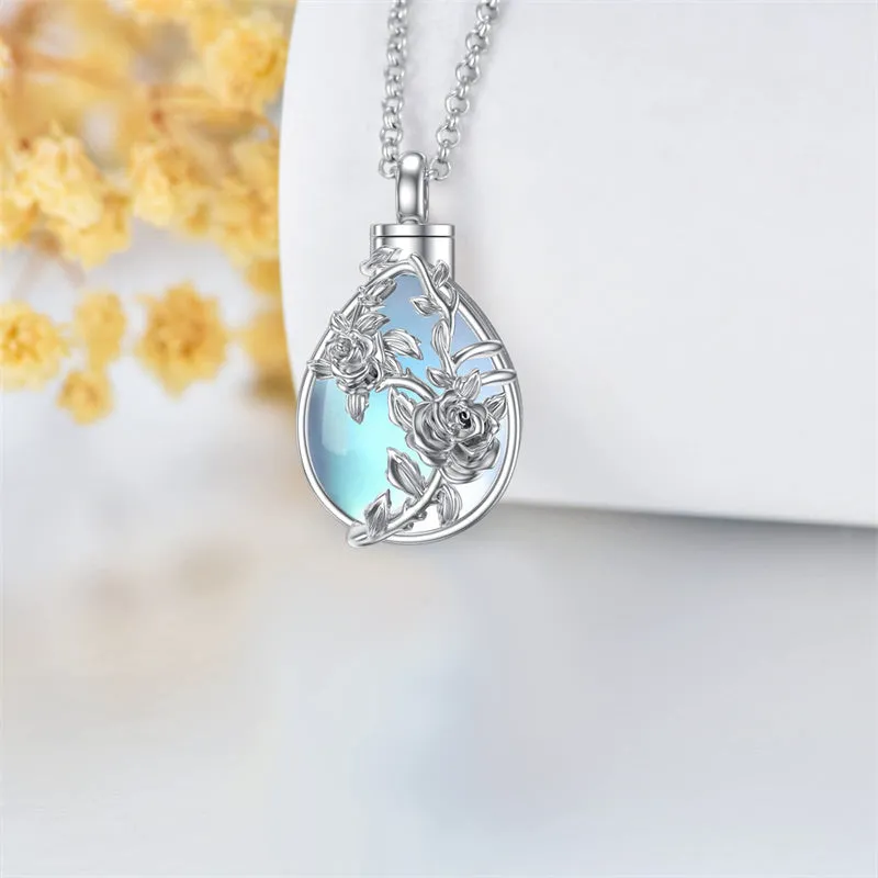 Rose Flower Urn Necklace Cremation Jewelry for Ashes 925 Sterling Silver Teardrop Moonstone Jewelry Gifts for Women