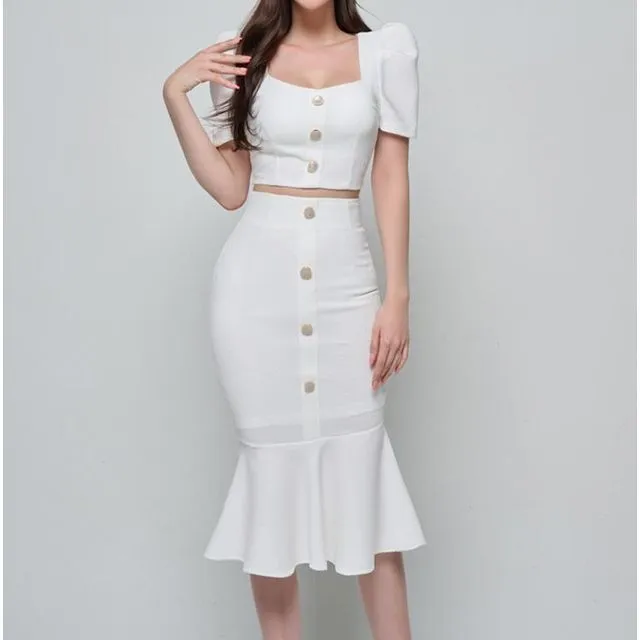 Set: Short-Sleeve Square Neck Crop Top   High Waist Midi Mermaid Skirt EE36