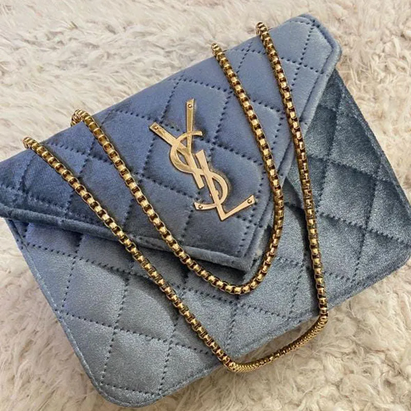 SL Quilted Velvet Shoulder Bag Medium Flap Open Gold Chain Bag