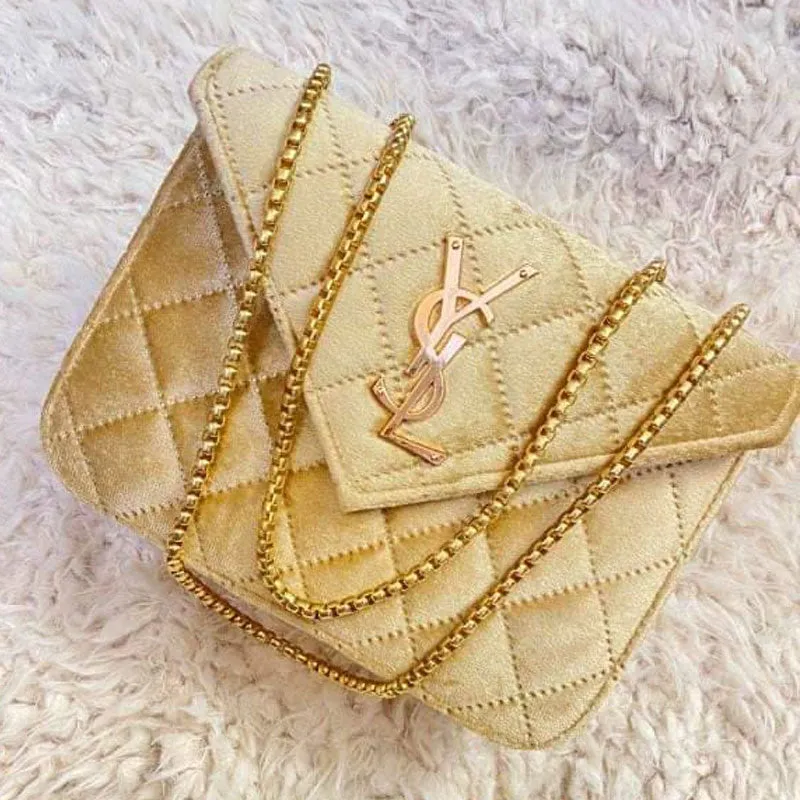 SL Quilted Velvet Shoulder Bag Medium Flap Open Gold Chain Bag