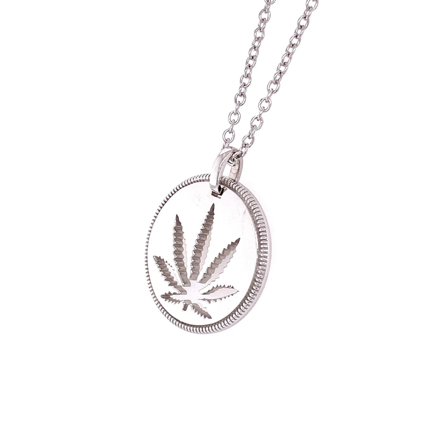 Sterling Silver Sativa Leaf Cutout Disc Pendant - Detailed Edge