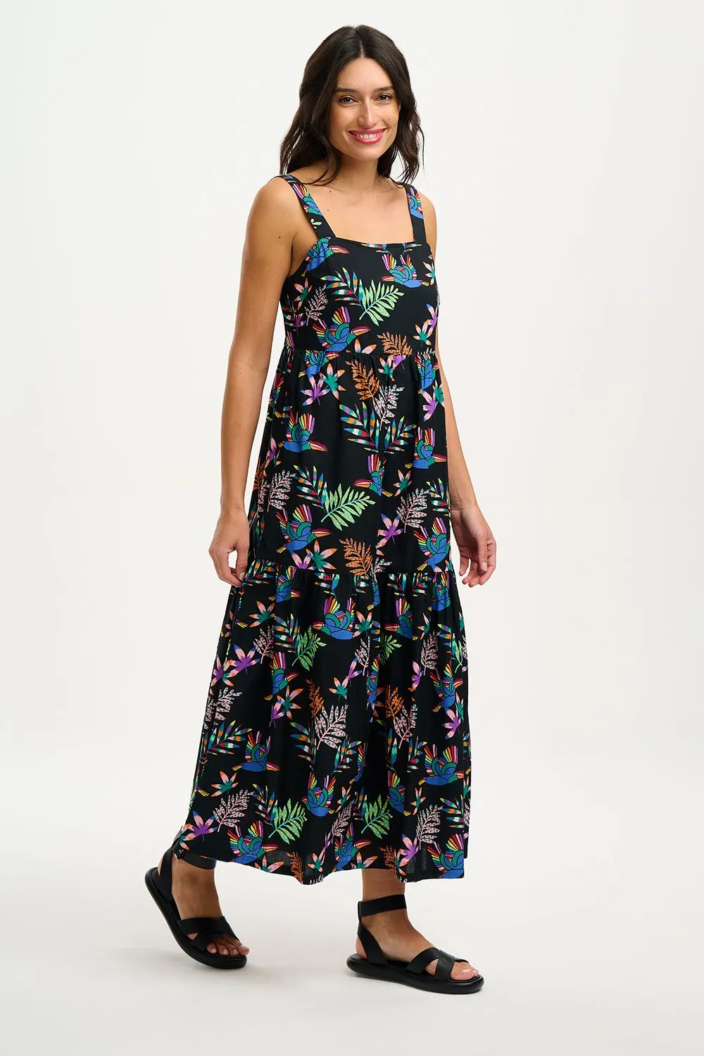 Sugarhill Brighton Charlotte Black Rainbow Toucans Maxi Tiered Sundress