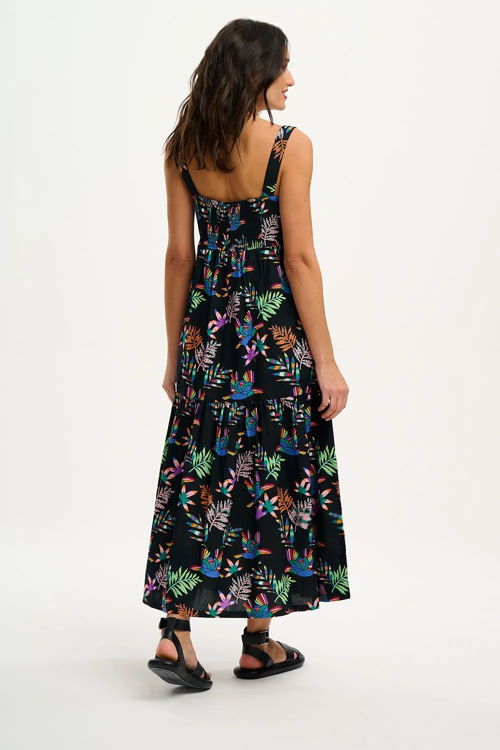 Sugarhill Brighton Charlotte Black Rainbow Toucans Maxi Tiered Sundress