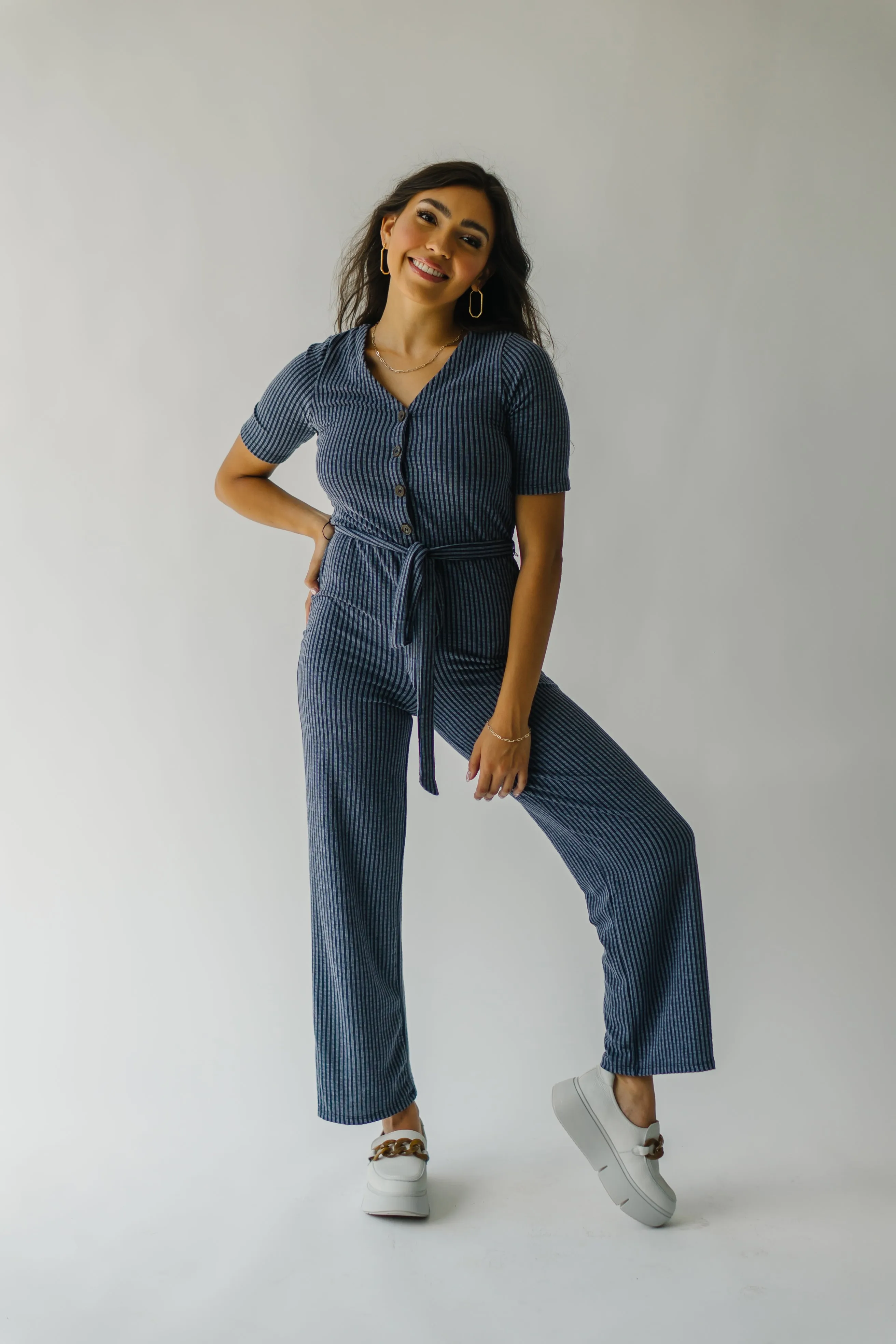 The Susan Belted Jumpsuit in Navy Stripe