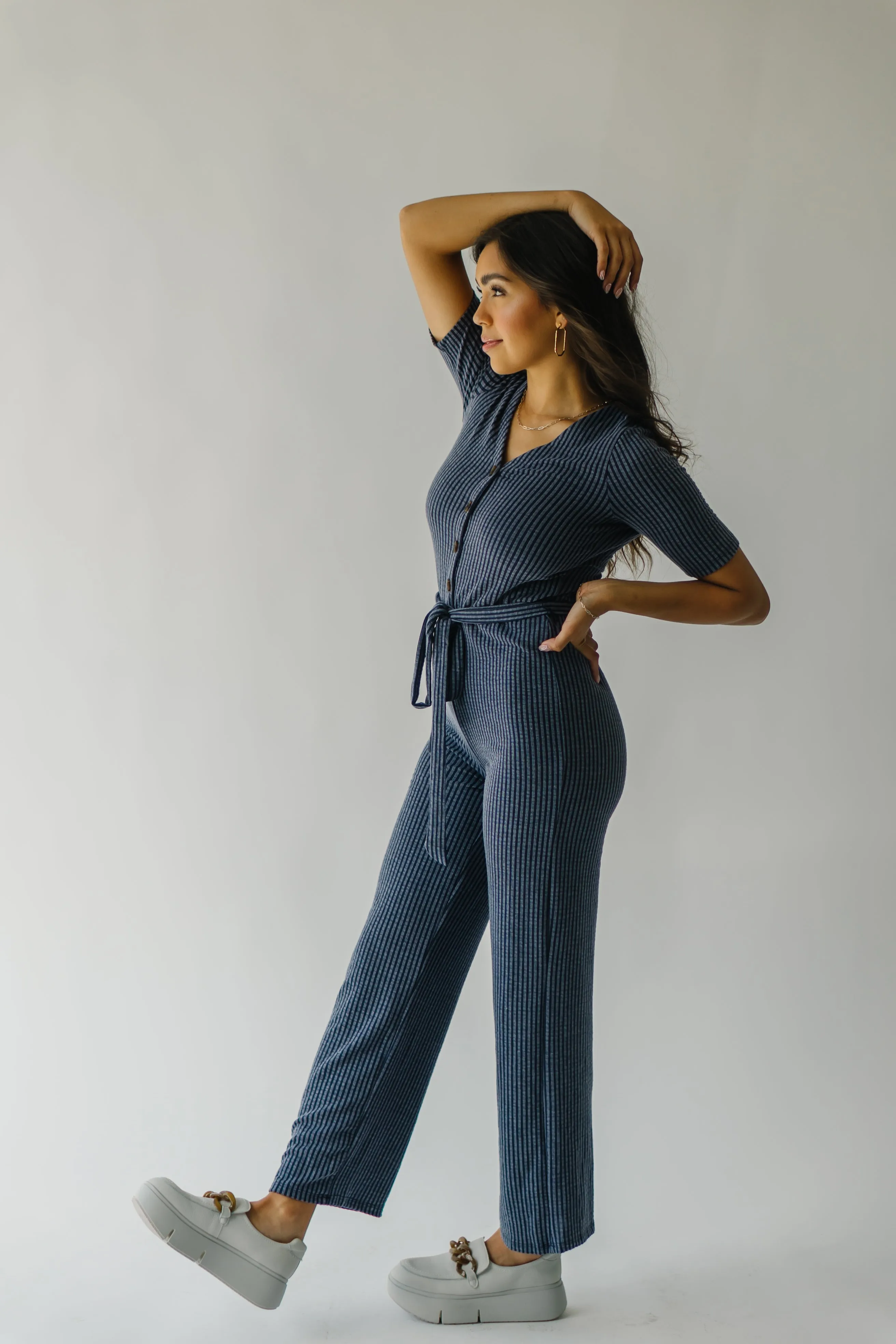 The Susan Belted Jumpsuit in Navy Stripe