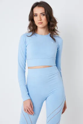 Twill Active Seamless Marl Laser cut Full Sleeve Crop Top - Blue