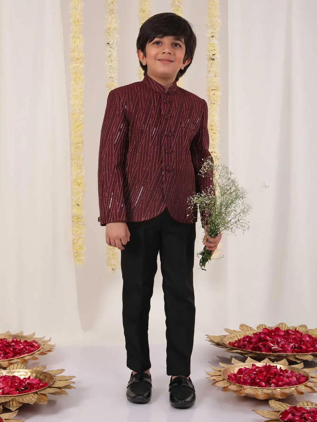 VASTRAMAY Boy's Maroon Sequined Jodhpuri