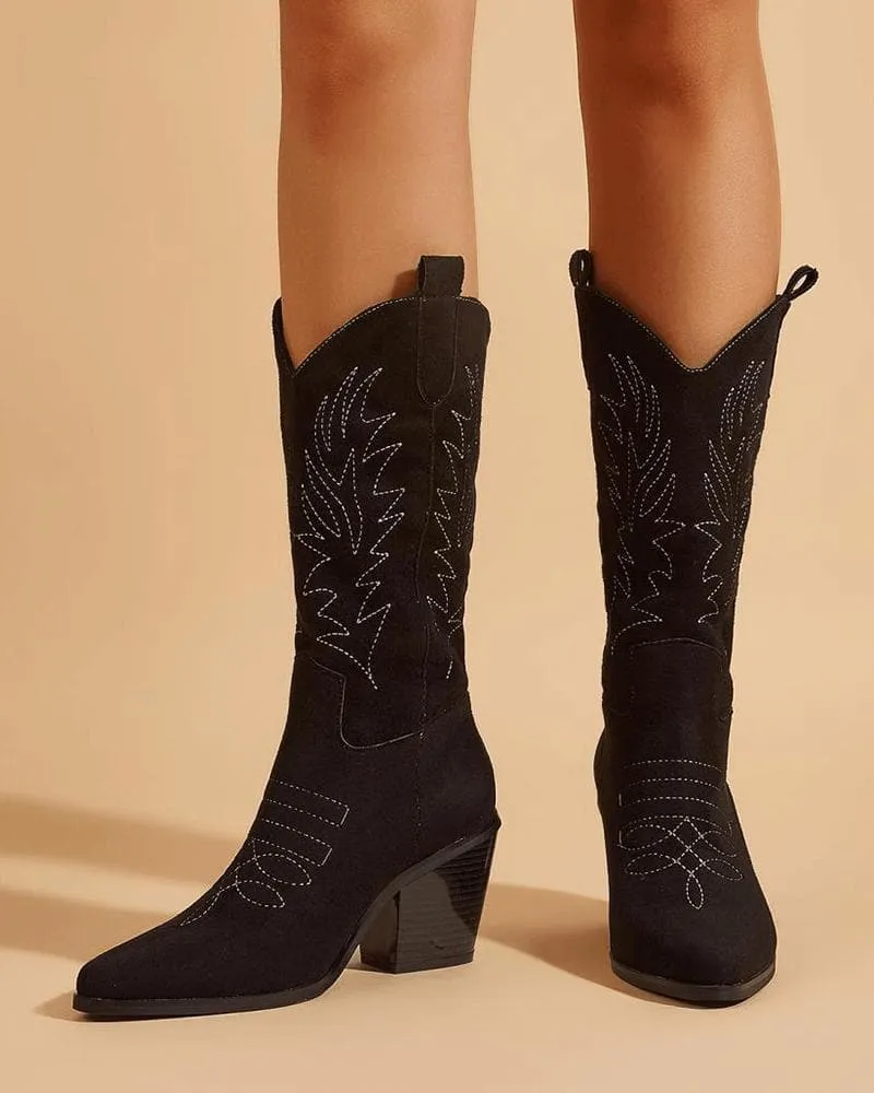 Women's Elegant Embroidery Chunky Heel Boots