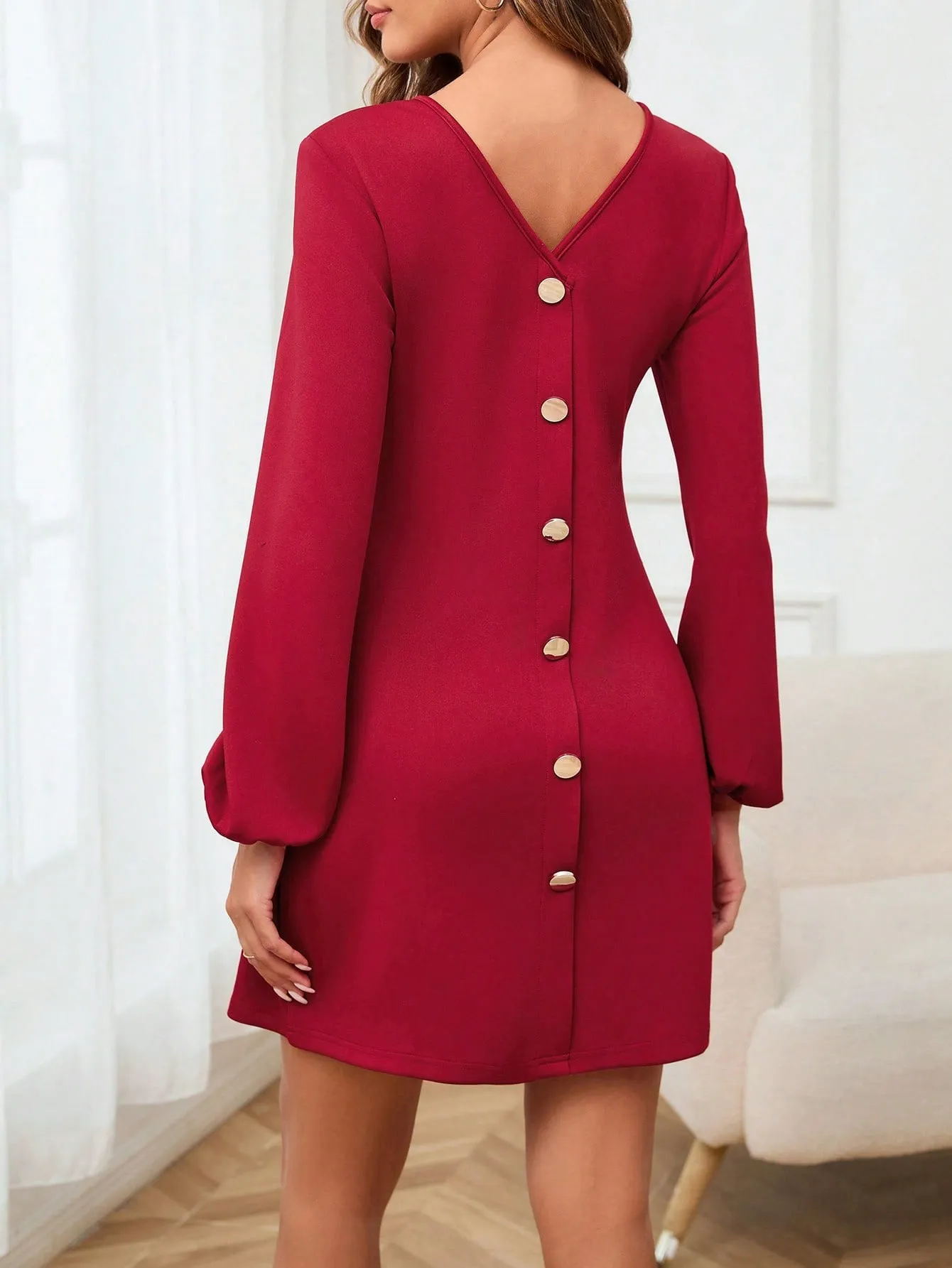 Women's Solid Color Lantern Sleeve Back Button Dress